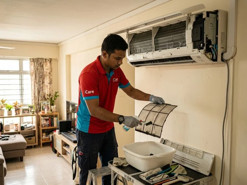 iCare Aircon technician servicing a wall-mounted aircon unit in a Singapore HDB home